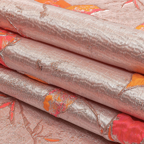 Neon Pink, Neon Orange and Metallic Silver Roses Luxury Brocade