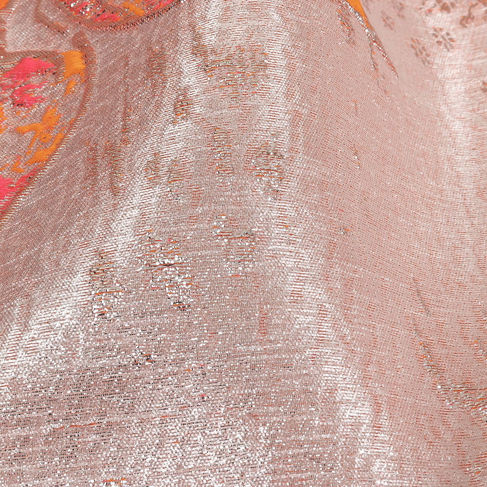 Neon Pink, Neon Orange and Metallic Silver Roses Luxury Brocade