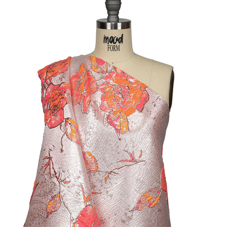 Neon Pink, Neon Orange and Metallic Silver Roses Luxury Brocade