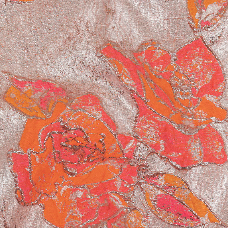 Neon Pink, Neon Orange and Metallic Silver Roses Luxury Brocade