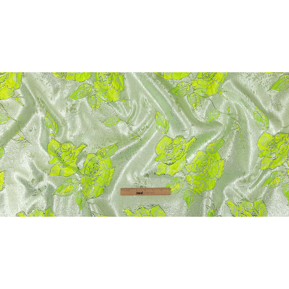 Neon Green, Neon Yellow and Metallic Silver Roses Luxury Brocade