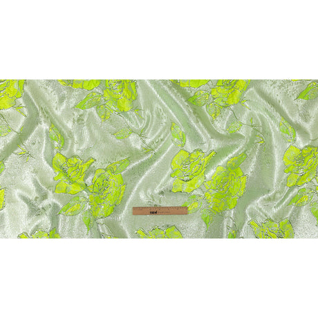 Neon Green, Neon Yellow and Metallic Silver Roses Luxury Brocade