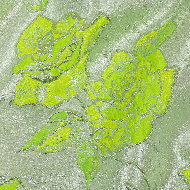 Neon Green, Neon Yellow and Metallic Silver Roses Luxury Brocade