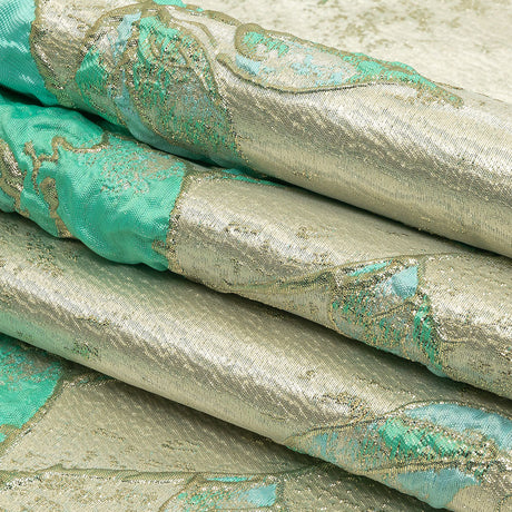 Bright Antigua Sand, Mint and Metallic Silver Roses Luxury Brocade