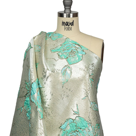 Bright Antigua Sand, Mint and Metallic Silver Roses Luxury Brocade