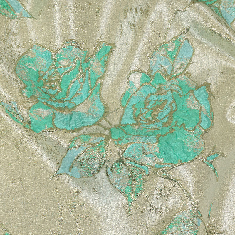 Bright Antigua Sand, Mint and Metallic Silver Roses Luxury Brocade