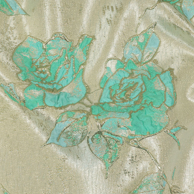 Bright Antigua Sand, Mint and Metallic Silver Roses Luxury Brocade