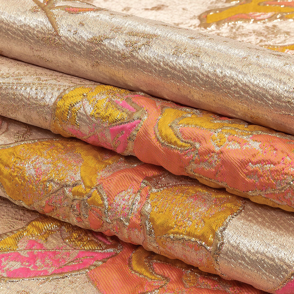 Spicy Mustard, Hot Pink and Metallic Silver Roses Luxury Brocade