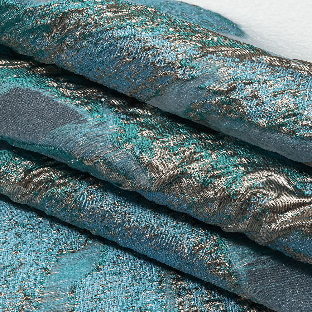 Metallic Blue and Silver Marbled Veins Luxury Burnout Brocade