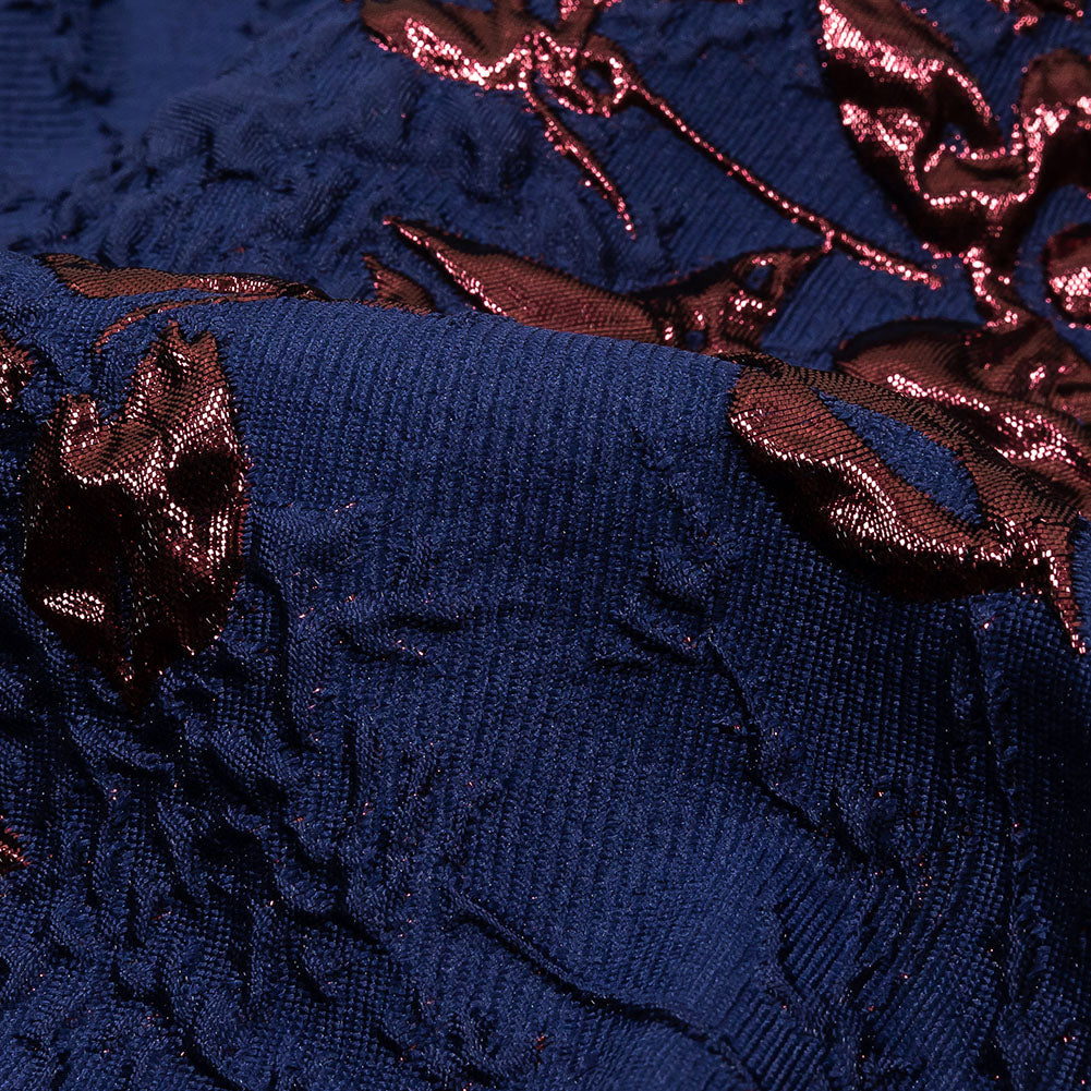 Metallic Aubergine and Blue Depths Roses and Leaves Luxury Brocade