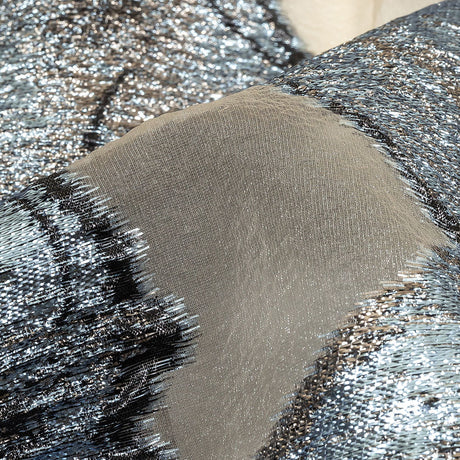 Metallic Silver, Black and Sky Blue Oversized Flowers Luxury Burnout Brocade