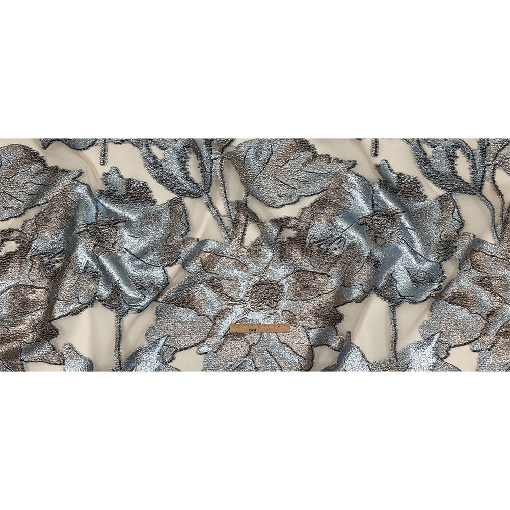 Metallic Silver, Black and Sky Blue Oversized Flowers Luxury Burnout Brocade