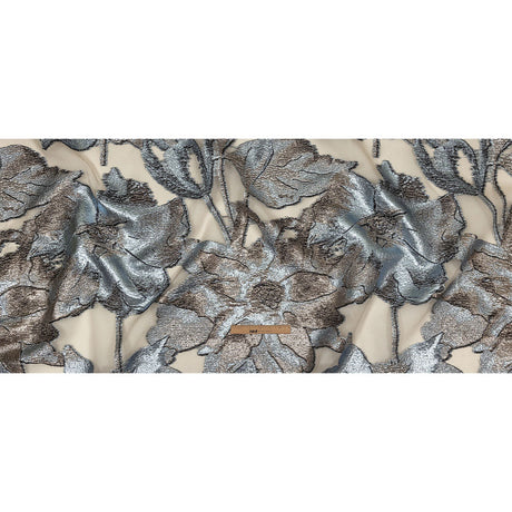 Metallic Silver, Black and Sky Blue Oversized Flowers Luxury Burnout Brocade