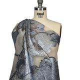 Metallic Silver, Black and Sky Blue Oversized Flowers Luxury Burnout Brocade