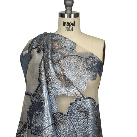 Metallic Silver, Black and Sky Blue Oversized Flowers Luxury Burnout Brocade