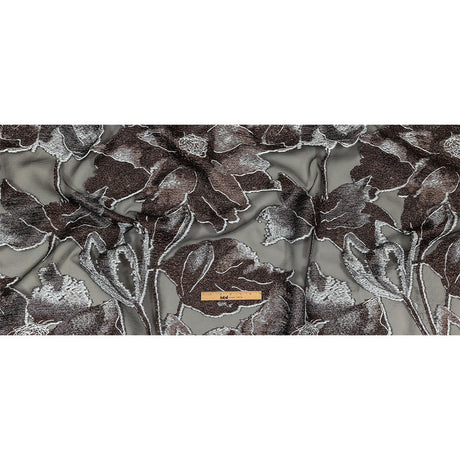 Metallic Black, White and Brown Oversized Flowers Luxury Burnout Brocade