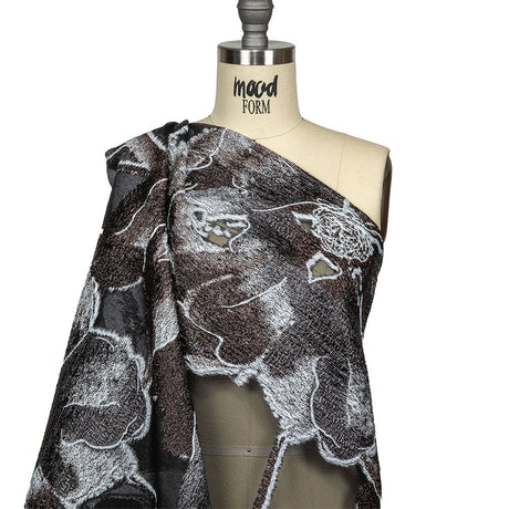 Metallic Black, White and Brown Oversized Flowers Luxury Burnout Brocade