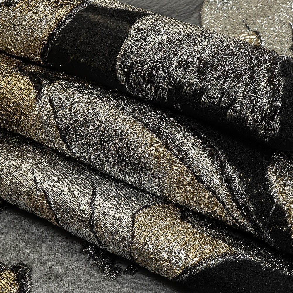 Metallic Silver, Gold and Black Oversized Flowers Luxury Burnout Brocade