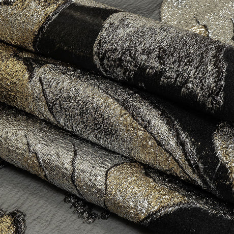 Metallic Silver, Gold and Black Oversized Flowers Luxury Burnout Brocade