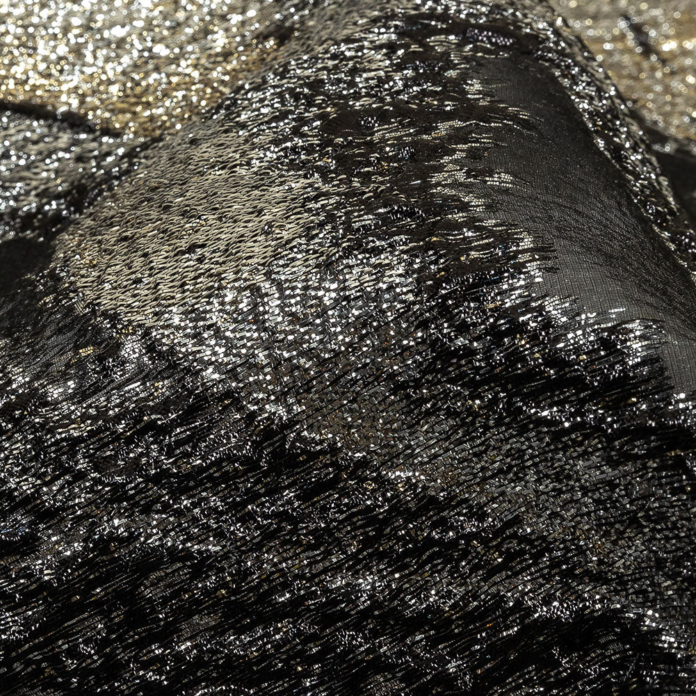 Metallic Silver, Gold and Black Oversized Flowers Luxury Burnout Brocade