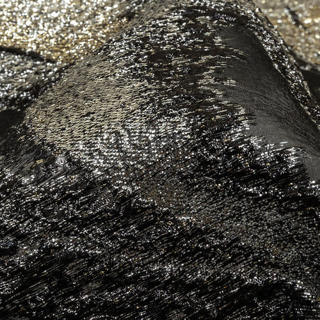 Metallic Silver, Gold and Black Oversized Flowers Luxury Burnout Brocade