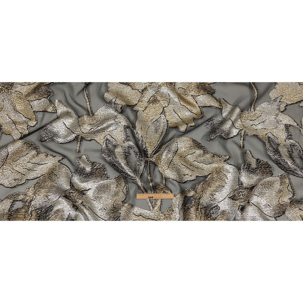 Metallic Silver, Gold and Black Oversized Flowers Luxury Burnout Brocade