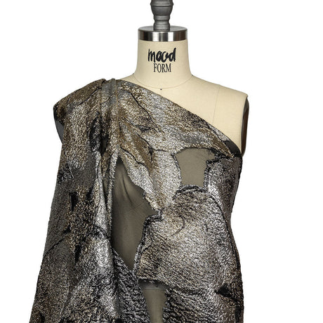Metallic Silver, Gold and Black Oversized Flowers Luxury Burnout Brocade