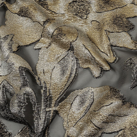 Metallic Silver, Gold and Black Oversized Flowers Luxury Burnout Brocade