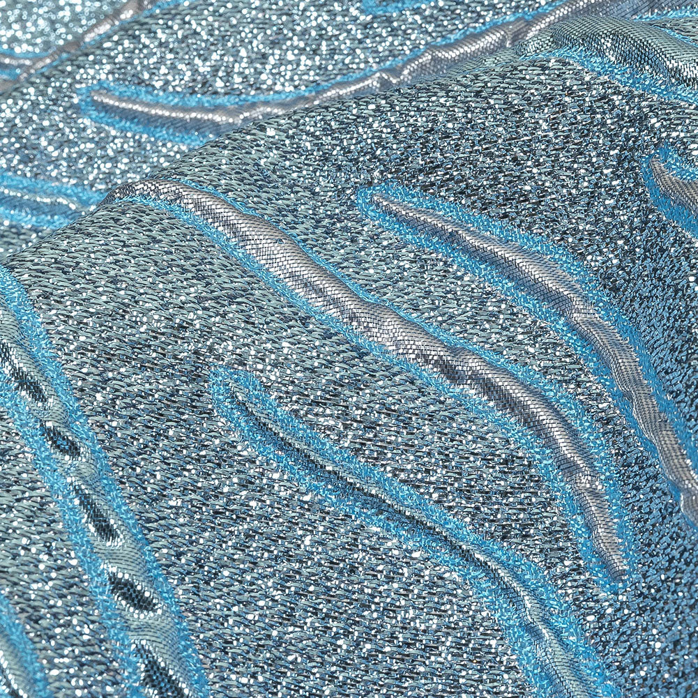 Metallic Silver and Sky Blue Contour Lines Luxury Brocade