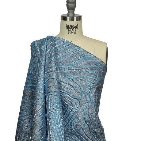 Metallic Silver and Sky Blue Contour Lines Luxury Brocade