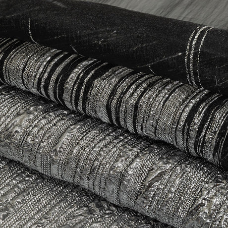 Metallic Silver and Black Lines Luxury Organza Brocade