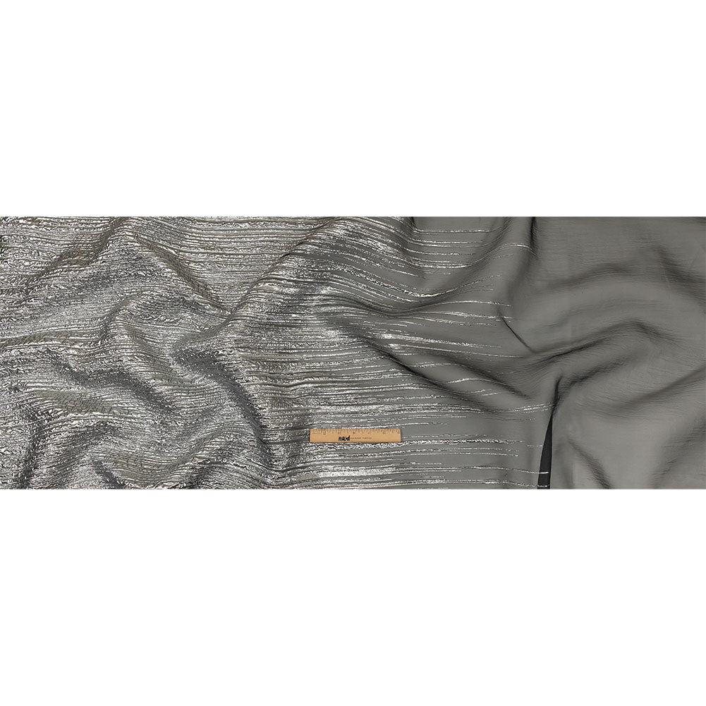 Metallic Silver and Black Lines Luxury Organza Brocade