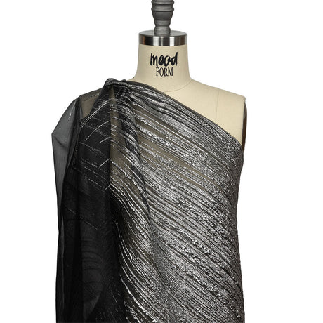Metallic Silver and Black Lines Luxury Organza Brocade
