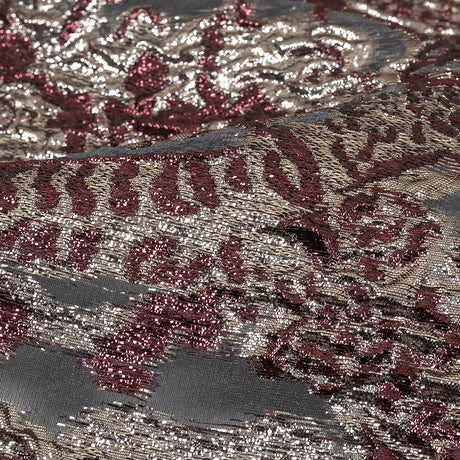 Metallic Silver and Plum Ornate Abstraction Luxury Burnout Organza Brocade