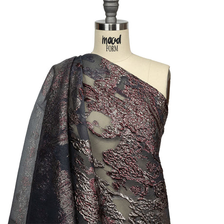 Metallic Silver and Plum Ornate Abstraction Luxury Burnout Organza Brocade