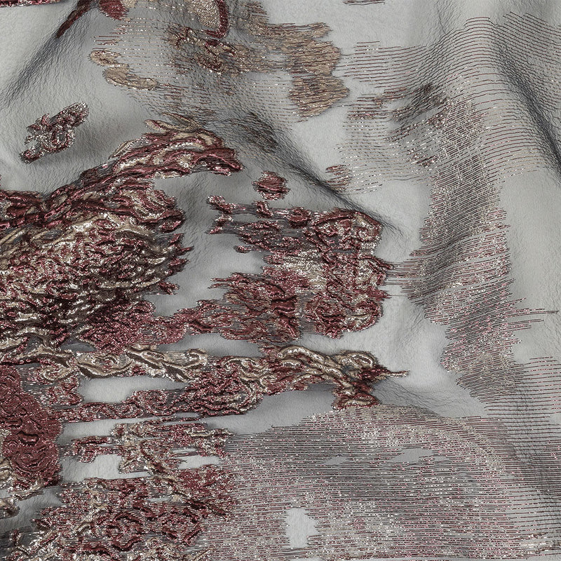 Metallic Silver and Plum Ornate Abstraction Luxury Burnout Organza Brocade