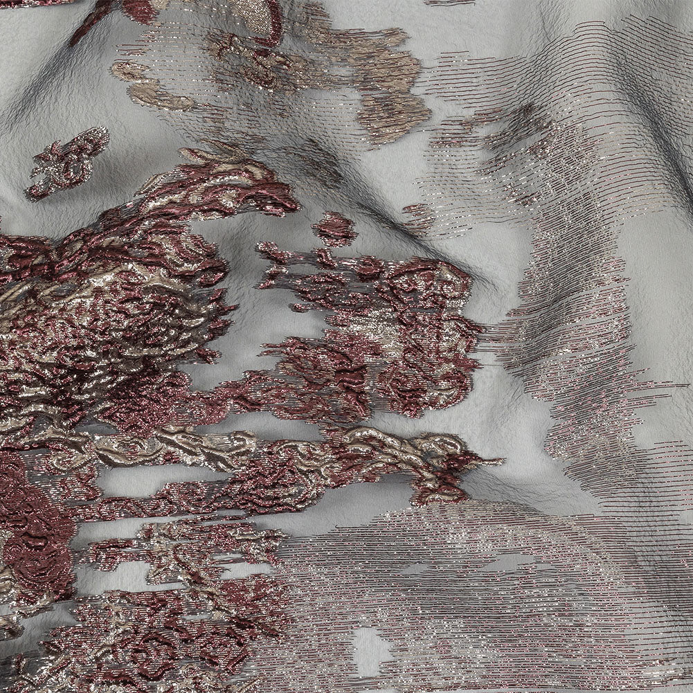 Metallic Silver and Plum Ornate Abstraction Luxury Burnout Organza Brocade