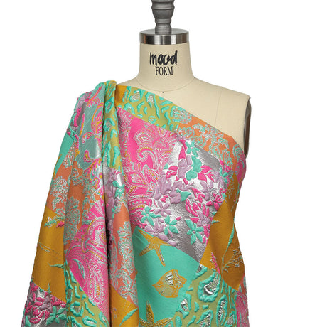 Aqua, Pink and Saffron Patchwork Metallic Luxury Brocade