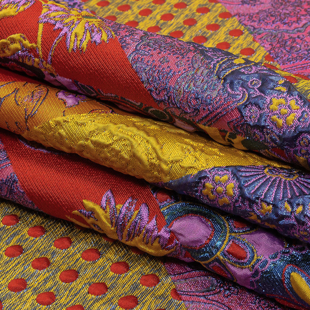 Metallic Red, Royal and Goldenrod Patchwork Diagonal Stripes Luxury Brocade