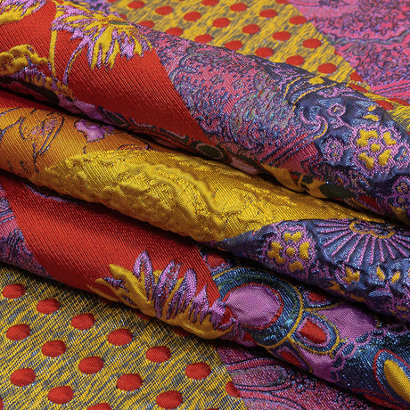 Metallic Red, Royal and Goldenrod Patchwork Diagonal Stripes Luxury Brocade