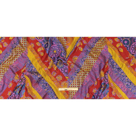 Metallic Red, Royal and Goldenrod Patchwork Diagonal Stripes Luxury Brocade