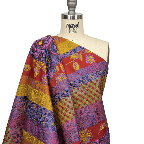Metallic Red, Royal and Goldenrod Patchwork Diagonal Stripes Luxury Brocade