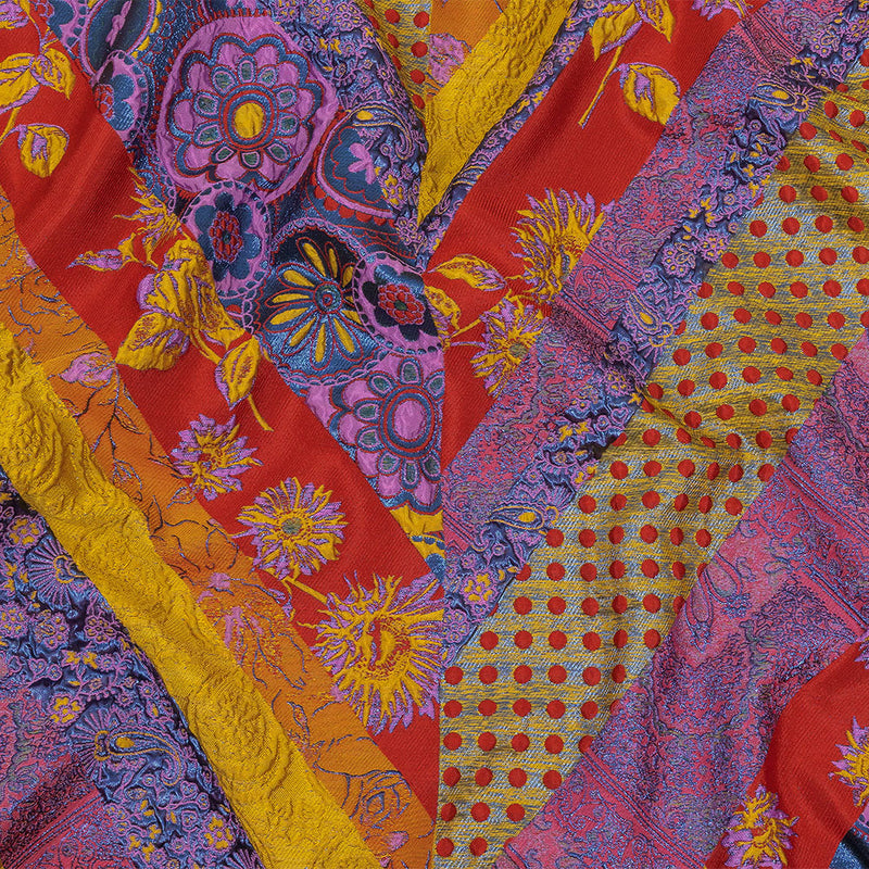 Metallic Red, Royal and Goldenrod Patchwork Diagonal Stripes Luxury Brocade