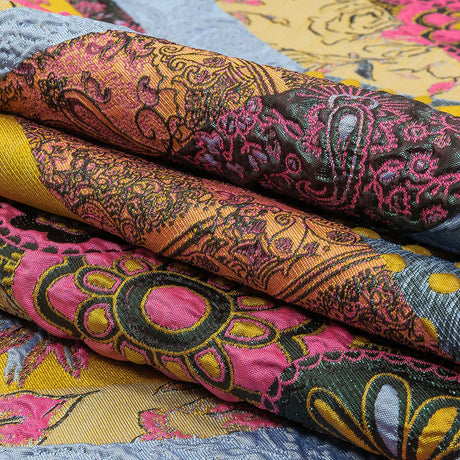 Metallic Pink, Yellow and Sky Patchwork Diagonal Stripes Luxury Brocade