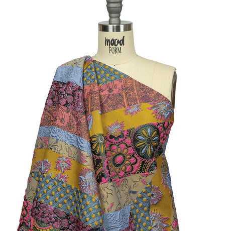 Metallic Pink, Yellow and Sky Patchwork Diagonal Stripes Luxury Brocade