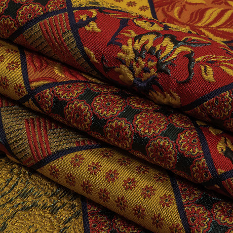 Red, Saffron and Metallic Navy Patchwork Squares Luxury Brocade