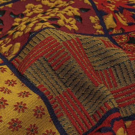 Red, Saffron and Metallic Navy Patchwork Squares Luxury Brocade
