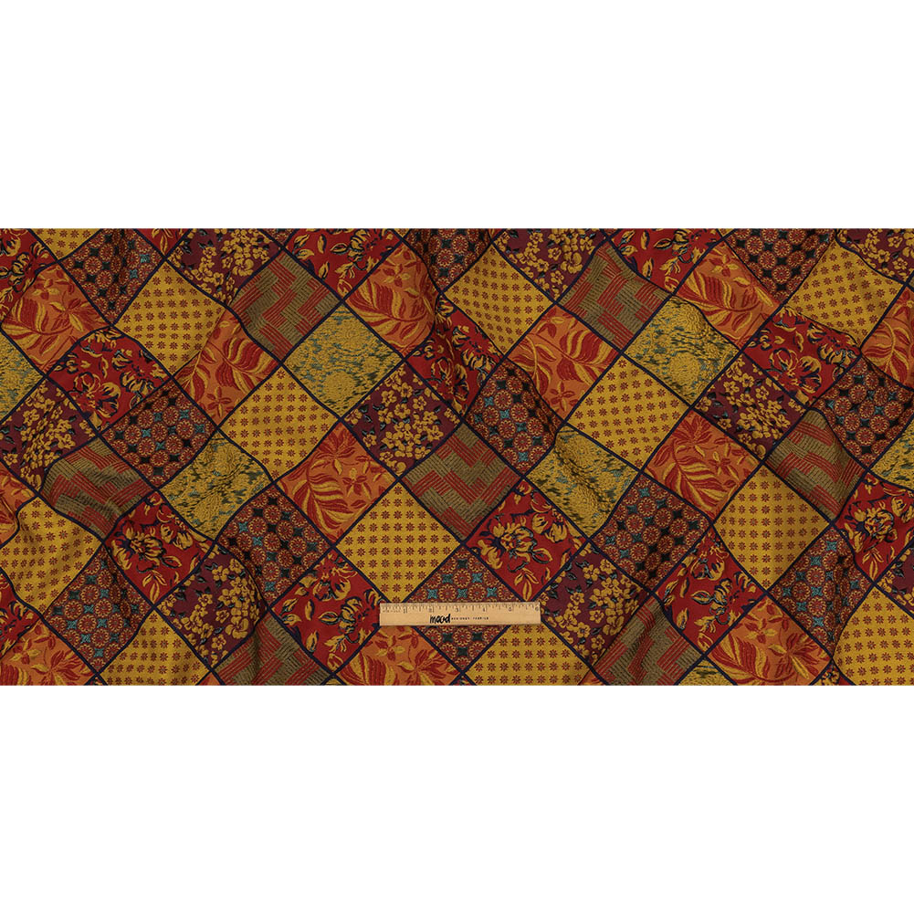 Red, Saffron and Metallic Navy Patchwork Squares Luxury Brocade