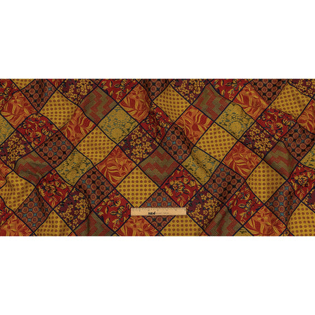 Red, Saffron and Metallic Navy Patchwork Squares Luxury Brocade
