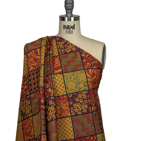 Red, Saffron and Metallic Navy Patchwork Squares Luxury Brocade